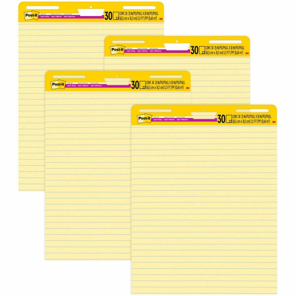 Post-it&reg; Super Sticky Easel Pad - 30 Sheets - Stapled - Feint Blue Margin - 18.50 lb Basis Weight - 25" x 30" - Canary Yellow Paper - Self-adhesive, Bleed-free, Perforated, Repositionable, Resist . Picture 1