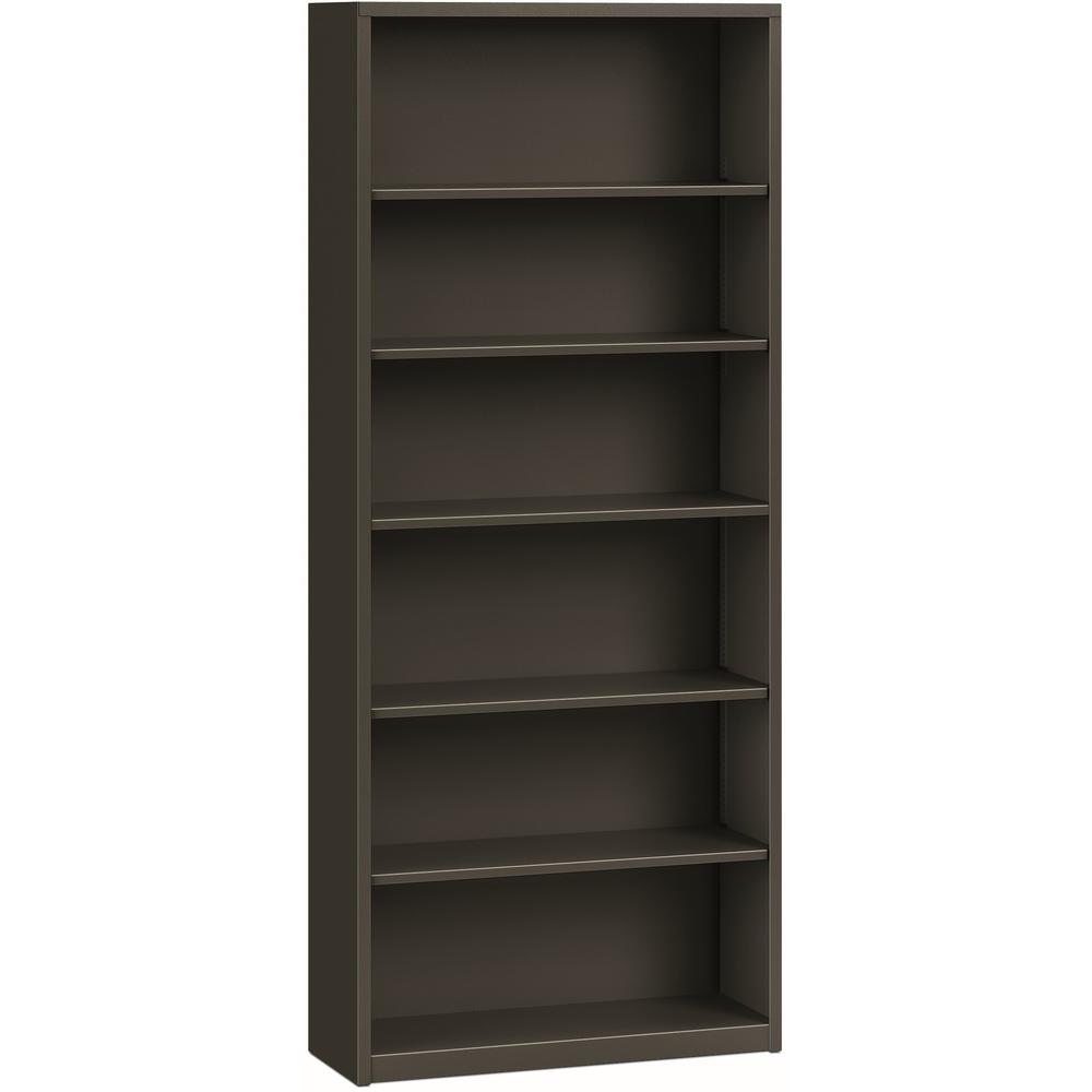 HON Brigade Steel Bookcase | 6 Shelves | 34-1/2"W | Charcoal Finish - 81.1" Height x 34.5" Width x 12.6" Depth - Adjustable Shelf, Reinforced, Welded, Durable, Compact - Steel. The main picture.