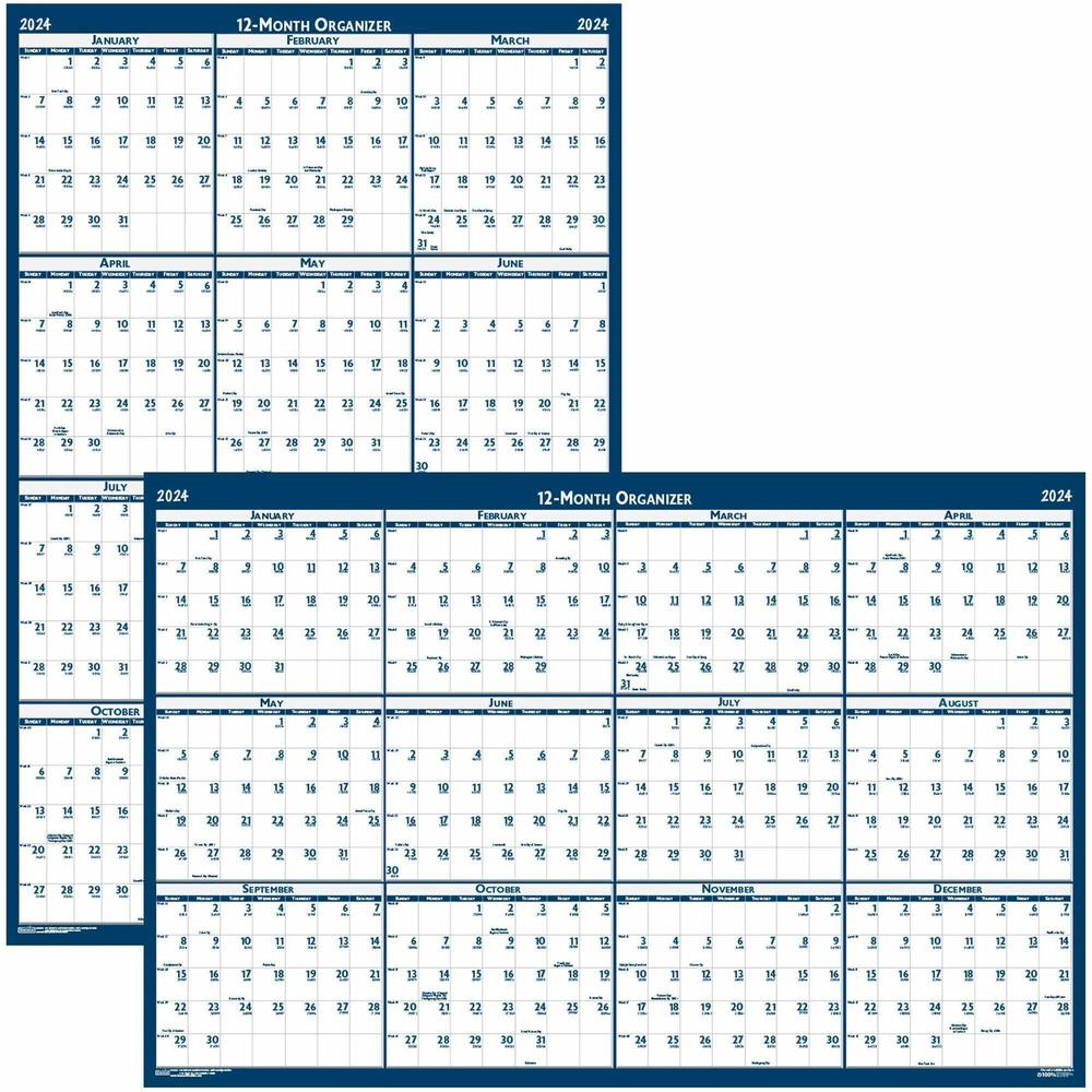 House of Doolittle Recycled Laminated Reversible Planner - Professional - Julian Dates - Yearly - 12 Month - January 2024 - December 2024 - 24" x 37" Blue/Gray Sheet - 1.25" x 1.63" , 1.38" Block - Bl. Picture 1