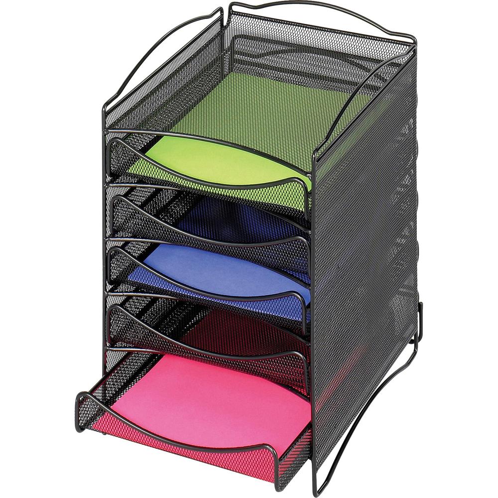 Safco 5-Compartment Mesh Desktop Organzier - Compartment Size 1.75" x 9.50" x 12.25" - 15.3" Height x 10.3" Width x 12.8" DepthDesktop - Stackable - Powder Coated - Black - Steel - 1 Each. Picture 1