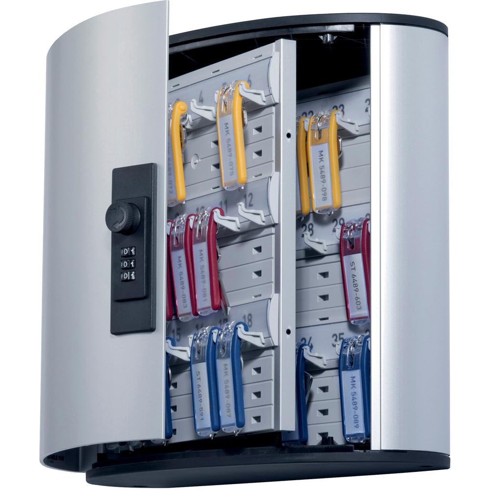 DURABLE&reg; Brushed Aluminum Combo Lock 36-Key Cabinet - 11-3/4" W x 11" H x 4-5/8" D - Combination Locking Door - Aluminum. Picture 1