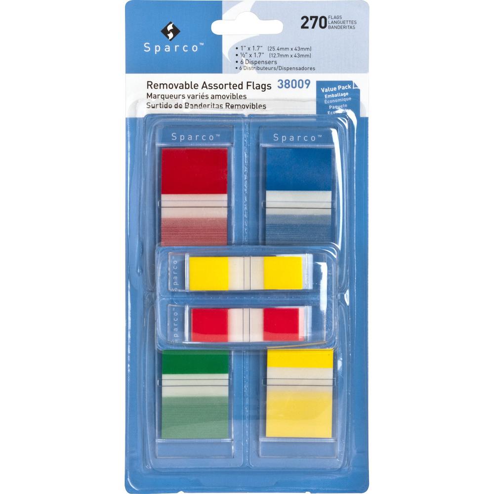 Sparco Removable Flags Combo Pack - 1" , 1/2" - Rectangle - Assorted - Self-adhesive - 270 / Pack. Picture 1