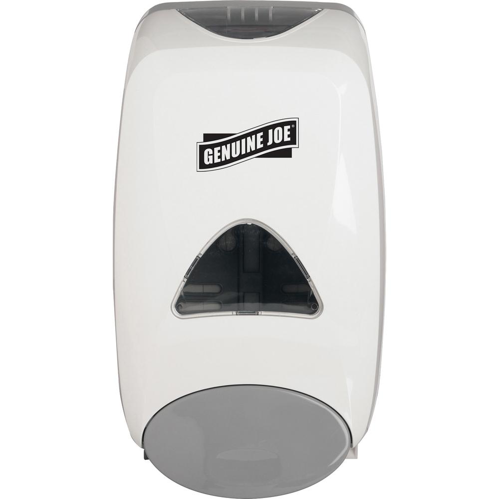 Genuine Joe 1250 ml Foam Soap Dispenser - Manual - 1.32 quart Capacity - Site Window, Soft Push, Sanitary-sealed, Refillable - White - 1Each. Picture 1