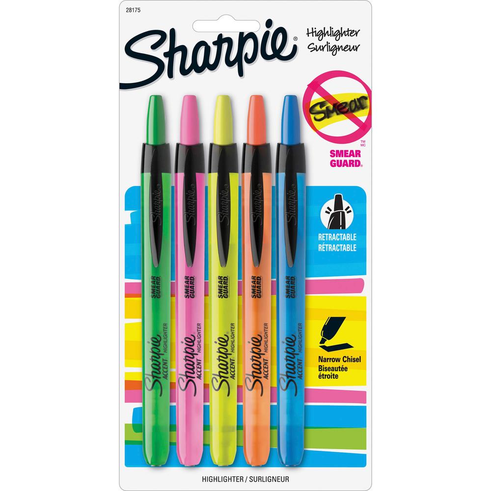 Sharpie Smear Guard Retractable Highlighters - Chisel Marker Point Style - Retractable - Assorted - 5 / Set. The main picture.