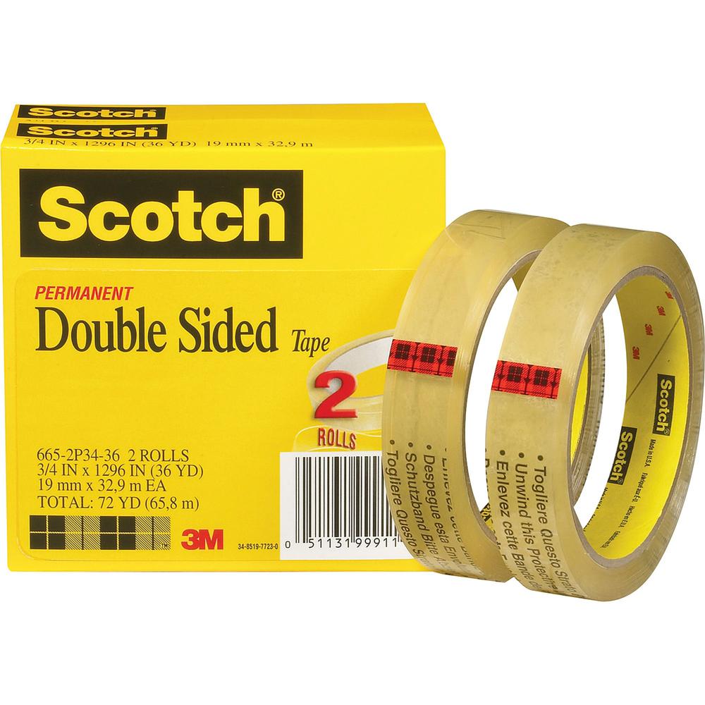Scotch Permanent Double-Sided Tape - 3/4"W - 36 yd Length x 0.75" Width - 3" Core - Long Lasting - For Attaching, Mounting - 2 / Pack - Clear. Picture 1
