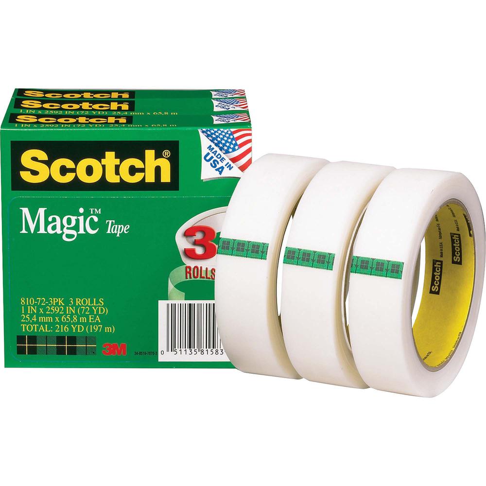 Scotch Magic Tape - 72 yd Length x 1" Width - 3" Core - For Mending, Splicing - 3 / Pack - Matte - Clear. Picture 1