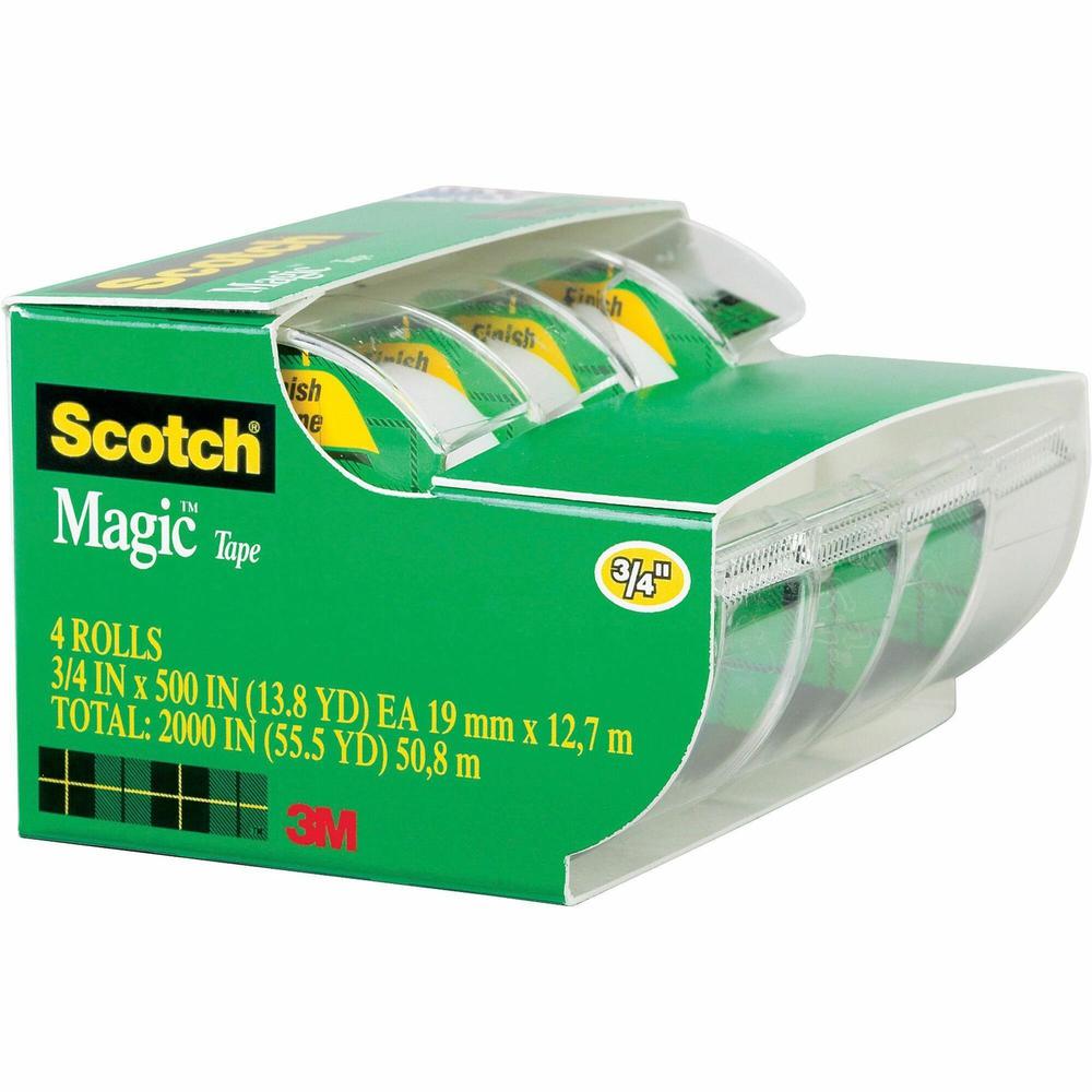 Scotch Nonyellowing Magic Tape Dispenser - 25 ft Length x 0.75" Width - 1" Core - Dispenser Included - Handheld Dispenser - For Sealing, Packing - 4 / Pack - Matte - Clear. Picture 1