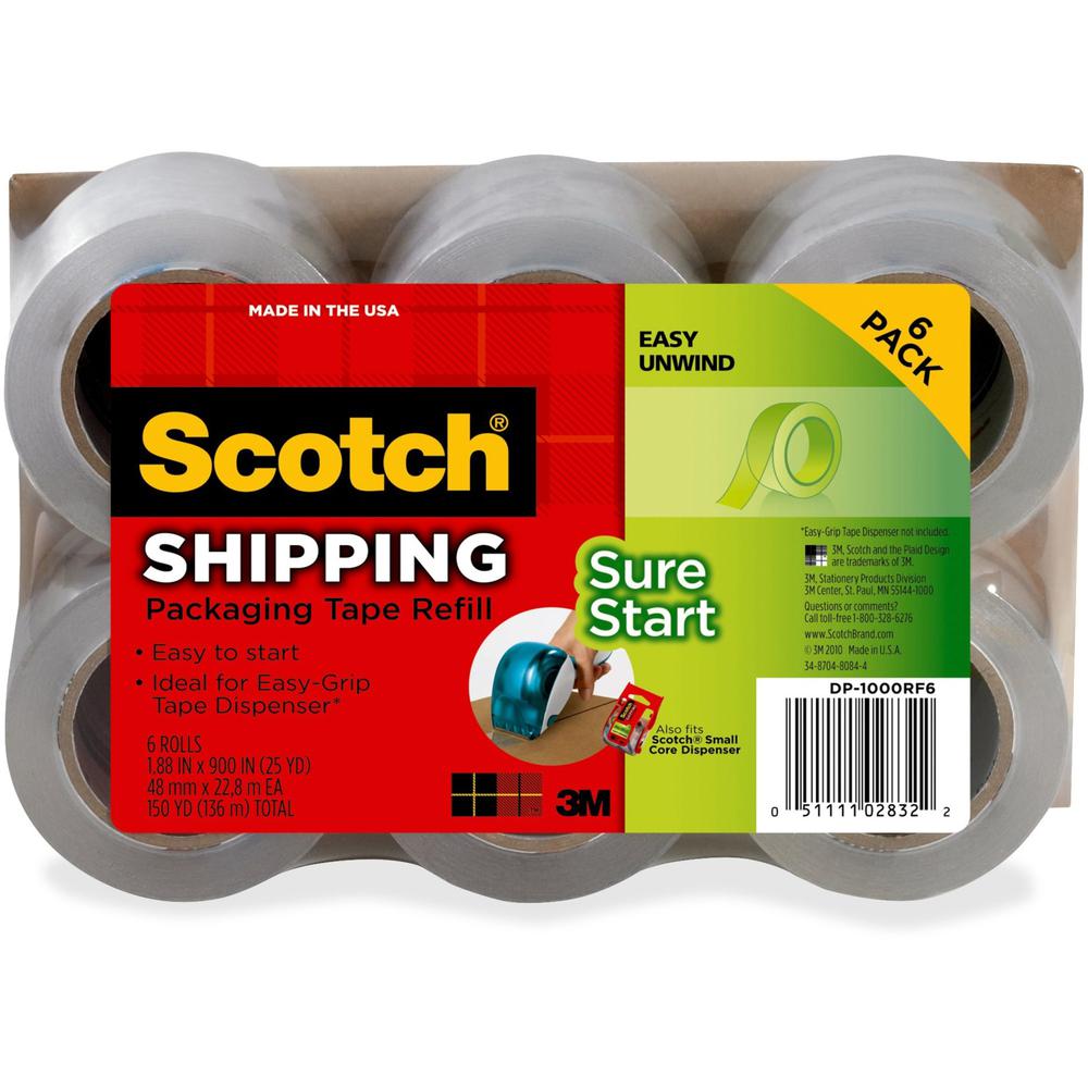Scotch Sure Start Packaging Tape - 22.20 yd Length x 1.88" Width - 2.6 mil Thickness - 1.50" Core - Synthetic Rubber Resin - 6 / Pack - Clear. Picture 1