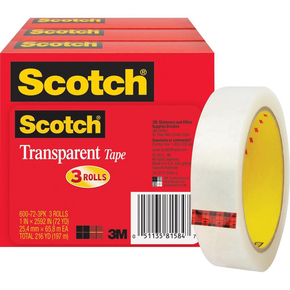 Scotch Transparent Tap - 72 yd Length x 1" Width - 3" Core - Long Lasting, Moisture Resistant, Stain Resistant - For Sealing, Label Protection, Wrapping, Mending - 3 / Pack - Clear. Picture 1