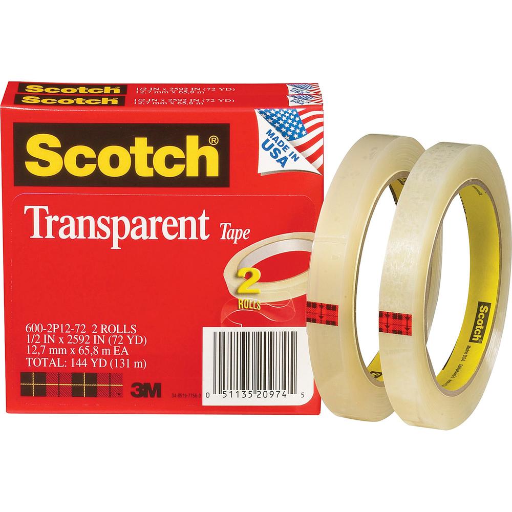 Scotch Transparent Tape - 1/2"W - 72 yd Length x 0.50" Width - 3" Core - Long Lasting, Moisture Resistant, Stain Resistant - For Sealing, Label Protection, Wrapping, Mending - 2 / Pack - Clear. Picture 1