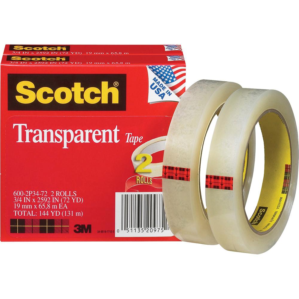 Scotch Transparent Tape - 3/4"W - 72 yd Length x 0.75" Width - 3" Core - Long Lasting - For Sealing, Label Protection, Wrapping, Mending - 2 / Pack - Clear. Picture 1