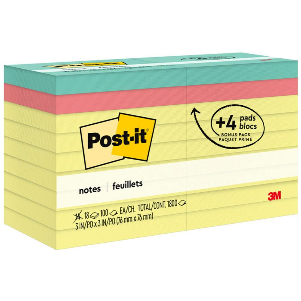 Post-it&reg; Notes Original Notepads - 1800 - 3" x 3" - Square - 100 Sheets per Pad - Unruled - Canary Yellow - Paper - Removable - 18 / Pack. Picture 1