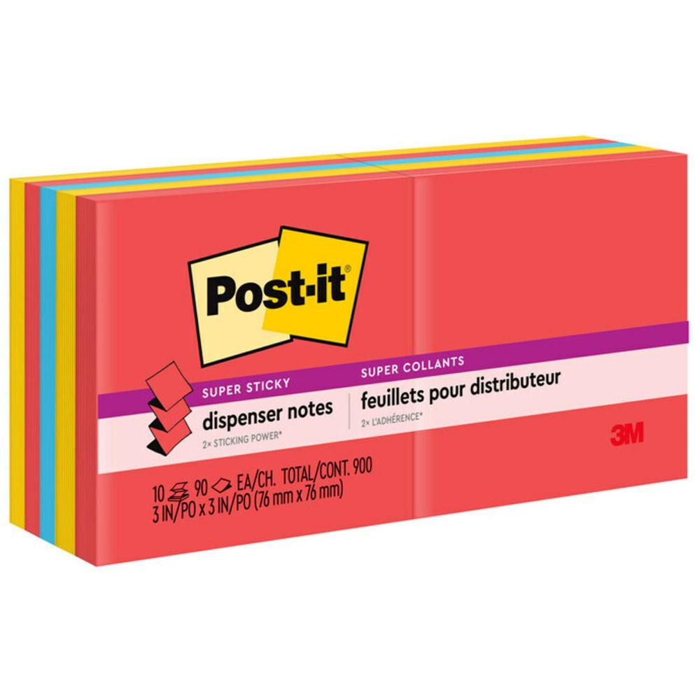 Post-it&reg; Super Sticky Dispenser Notes - Playful Primaries Color Collection - 900 - 3" x 3" - Square - 90 Sheets per Pad - Unruled - Candy Apple Red, Blue Paradise, Sunnyside - Paper - Self-adhesiv. Picture 1