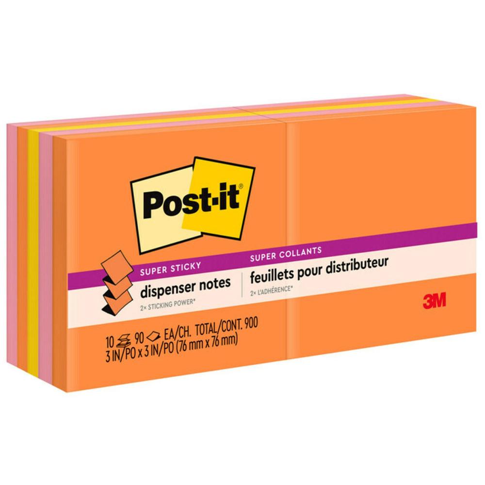 Post-it&reg; Super Sticky Dispenser Notes - Energy Boost Color Collection - 900 - 3" x 3" - Square - 90 Sheets per Pad - Unruled - Vital Orange, Tropical Pink, Sunnyside - Paper - Self-adhesive, Repos. Picture 1
