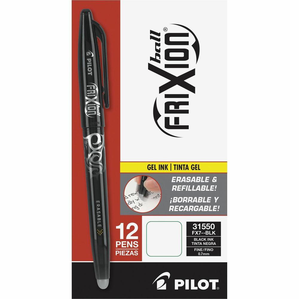 Pilot FriXion Ball Erasable Gel Pens - Fine Pen Point - 0.7 mm Pen Point Size - Black Gel-based Ink - Black Barrel - 1 Dozen. Picture 1