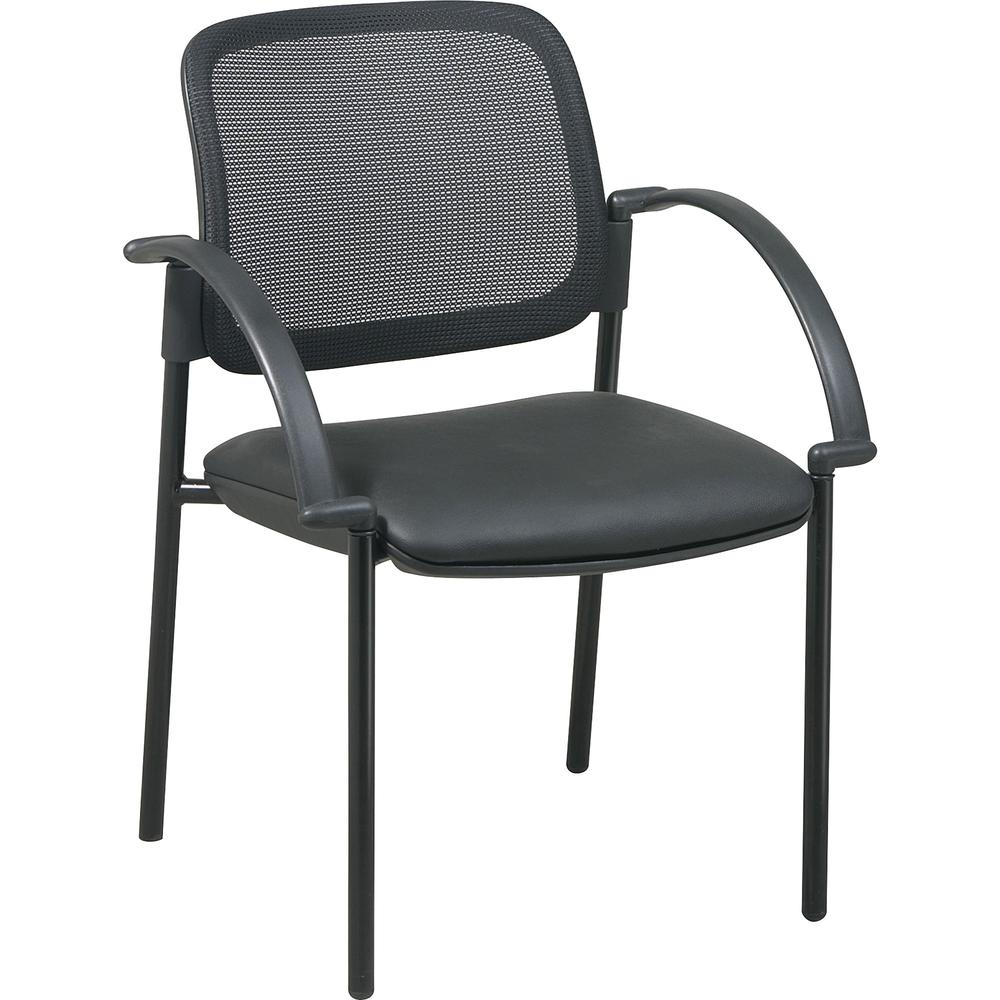 Lorell Mobile Mesh Back Guest Chair with Arms - Black Faux Leather Seat - Four-legged Base - Black - 1 Each. Picture 1