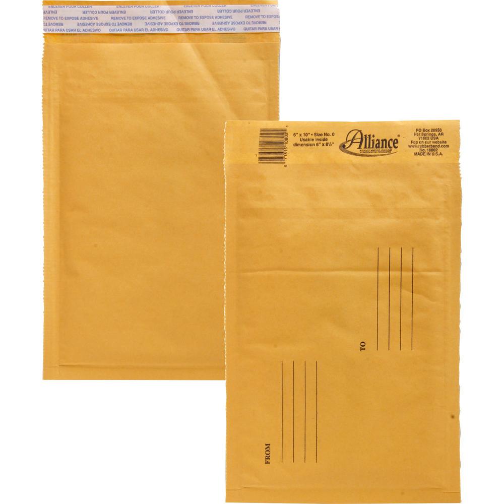 Alliance Rubber Kraft Bubble Mailers - Bubble - #0 - 6" Width x 10" Length - Peel & Seal - Paper - 25 / Carton - Kraft. Picture 1
