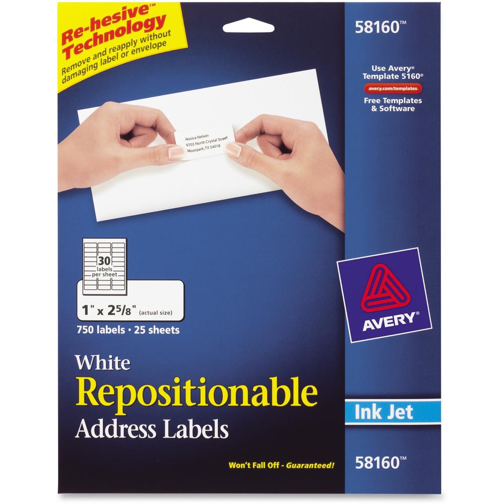 Avery&reg; Repositionable Address Labelss - Sure Feed Technology - 1" Width x 2 5/8" Length - Rectangle - Inkjet - White - Paper - 30 / Sheet - 25 Total Sheets - 750 Total Label(s) - 750 / Pack. Picture 1