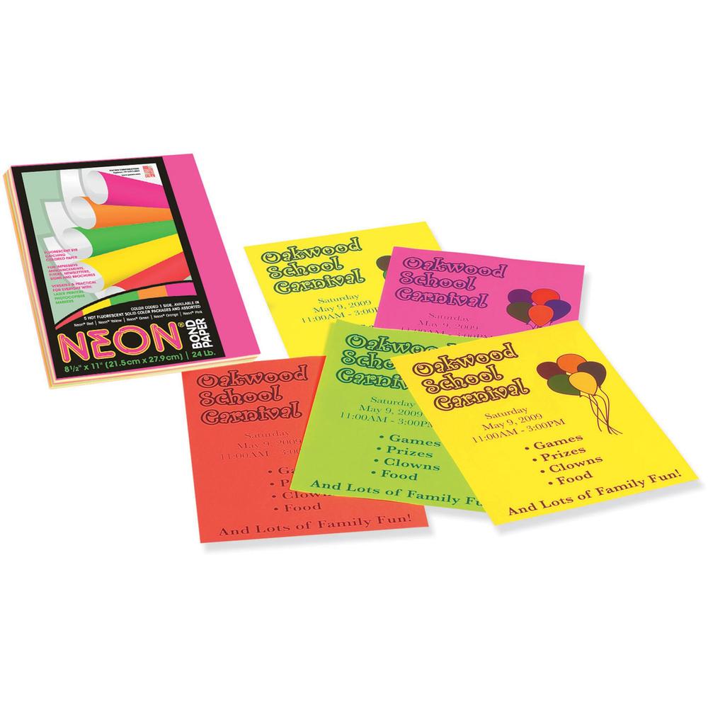 Pacon Neon Multipurpose Paper - Assorted - Letter - 8.50" x 11" - 24 lb Basis Weight - 100 Sheets/Pack - Bond Paper - 5 Assorted Neon Colors. Picture 1