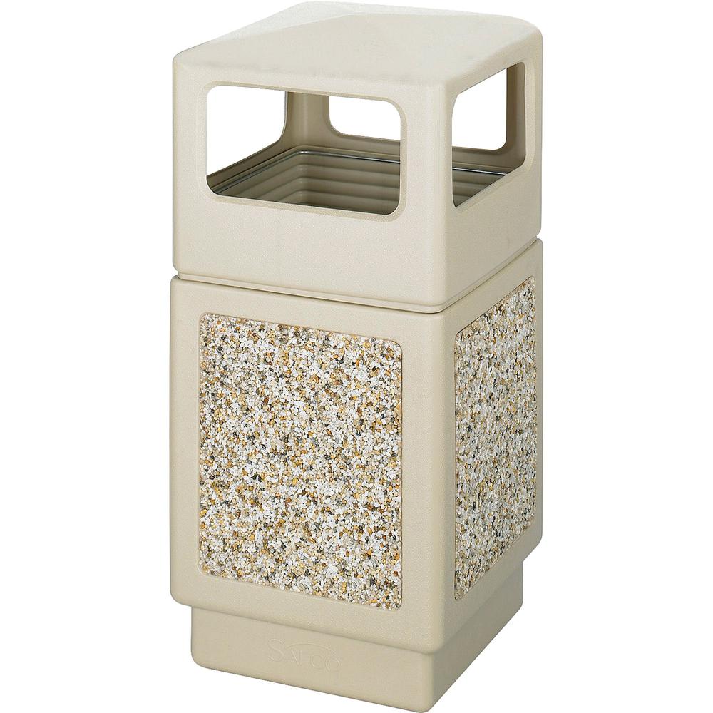 Safco Indoor/outdoor Square Receptacles - 38 gal Capacity - Square - 39.3" Height x 18.3" Width x 18.3" Depth - Plastic, Stone - Tan - 1 Each. Picture 1