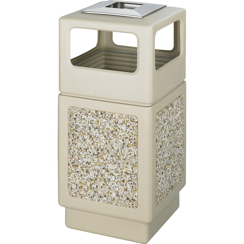 Safco Plastic/Stone Aggregate Receptacles - 38 gal Capacity - Square - 39.3" Height x 18.3" Width x 18.3" Depth - Polyethylene, Stainless Steel - Tan - 1 Each. Picture 1