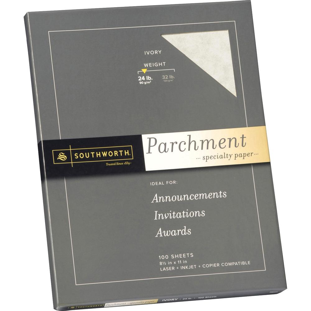 Southworth Parchment Specialty Paper - Letter - 8 1/2" x 11" - 24 lb Basis Weight - Parchment - 100 / Pack - Acid-free, Lignin-free - Ivory. Picture 1