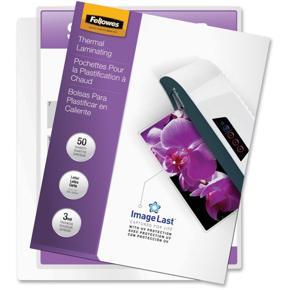 Fellowes Thermal Laminating Pouches - ImageLast&trade;, Jam Free, Letter, 3 mil, 50 pack - Sheet Size Supported: Letter - Laminating Pouch/Sheet Size: 9" Width x 11.50" Length x 3 mil Thickness - Type. The main picture.