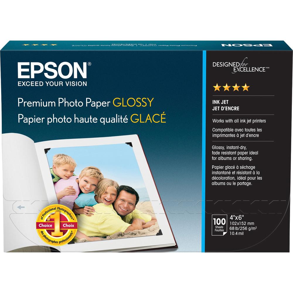 Epson Premium Photo Paper - 92 Brightness - 97% Opacity - 4" x 6" - 68 lb Basis Weight - High Gloss - 100 / Pack - White. Picture 1