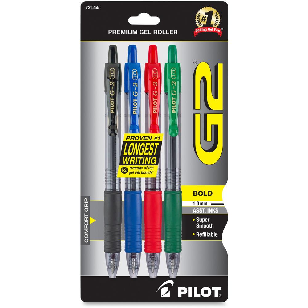 Pilot G2 Retractable Gel Ink Rollerball Pens - Bold Pen Point - 1 mm Pen Point Size - Refillable - Retractable - Assorted Gel-based Ink - 4 / Pack. Picture 1