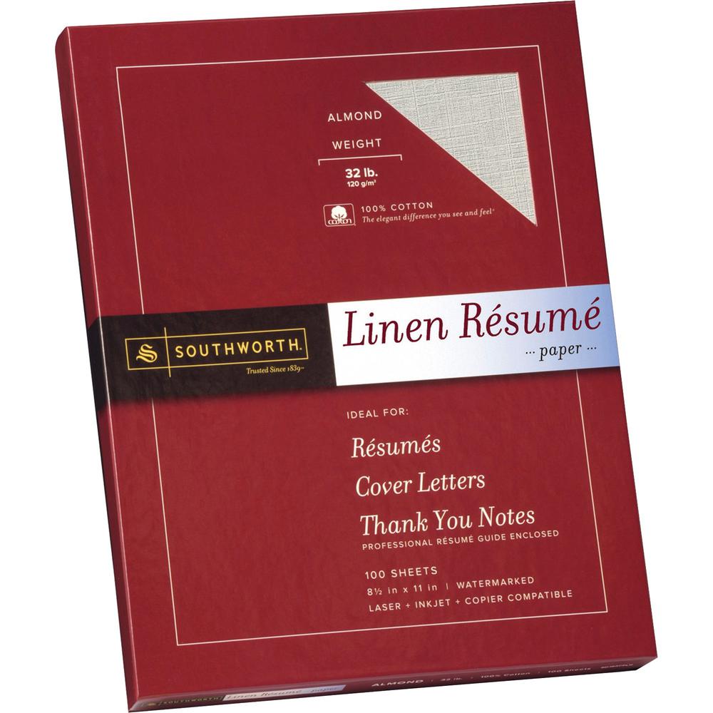 Southworth 100% Cotton Resume Paper - Letter - 8 1/2" x 11" - 32 lb Basis Weight - Linen - 100 / Box - Acid-free, Watermarked - Almond. Picture 1
