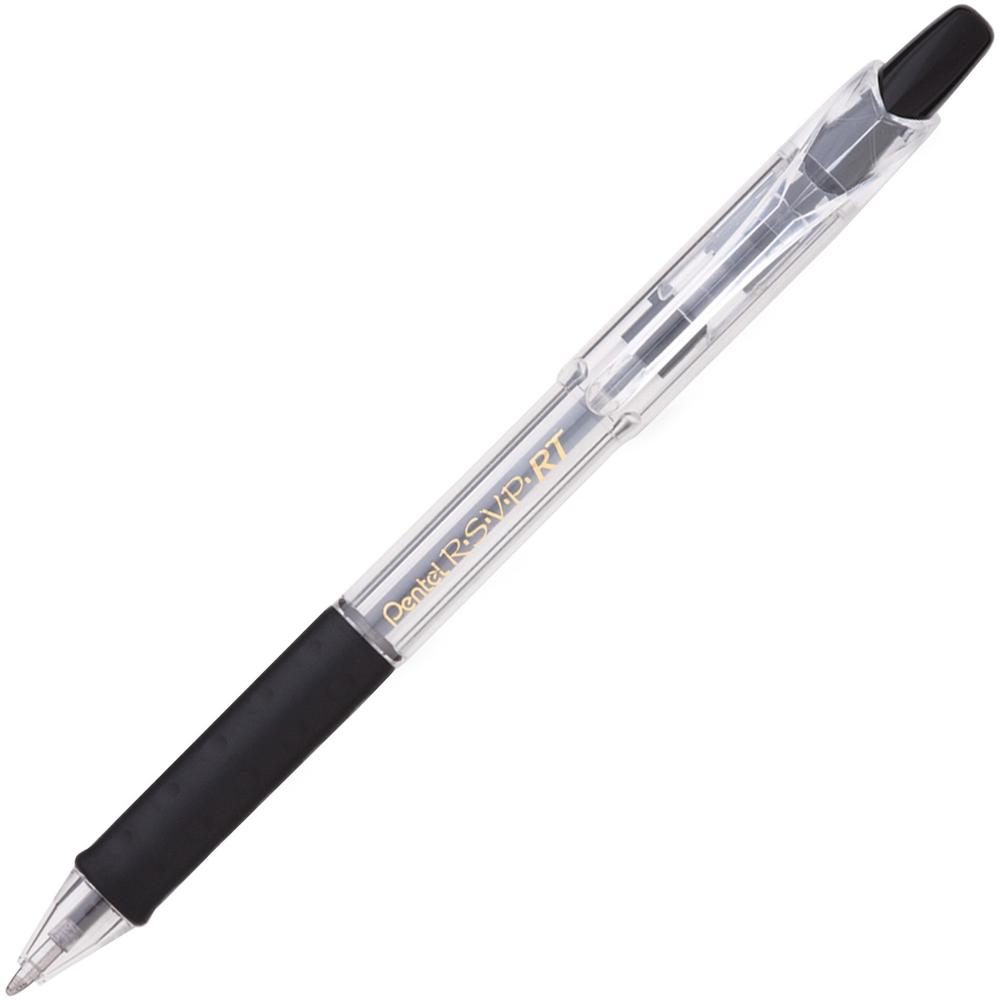 Pentel Recycled Retractable R.S.V.P. Pens - Medium Pen Point - 1 mm Pen Point Size - Refillable - Retractable - Black - Clear Barrel - Stainless Steel Tip - 1 Dozen. Picture 1