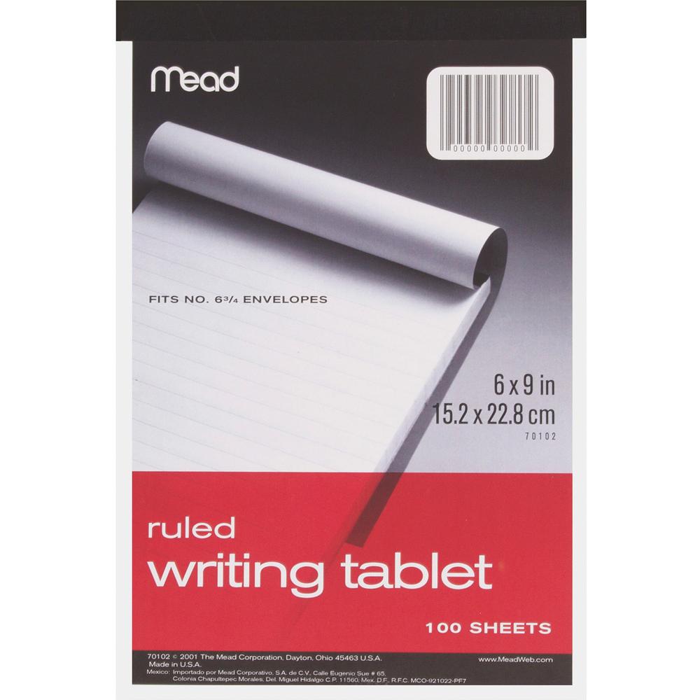 Mead Ruled Writing Tablet - 100 Sheets - Ruled - 20 lb Basis Weight - 6" x 9" - White Paper - 1 Each. Picture 1