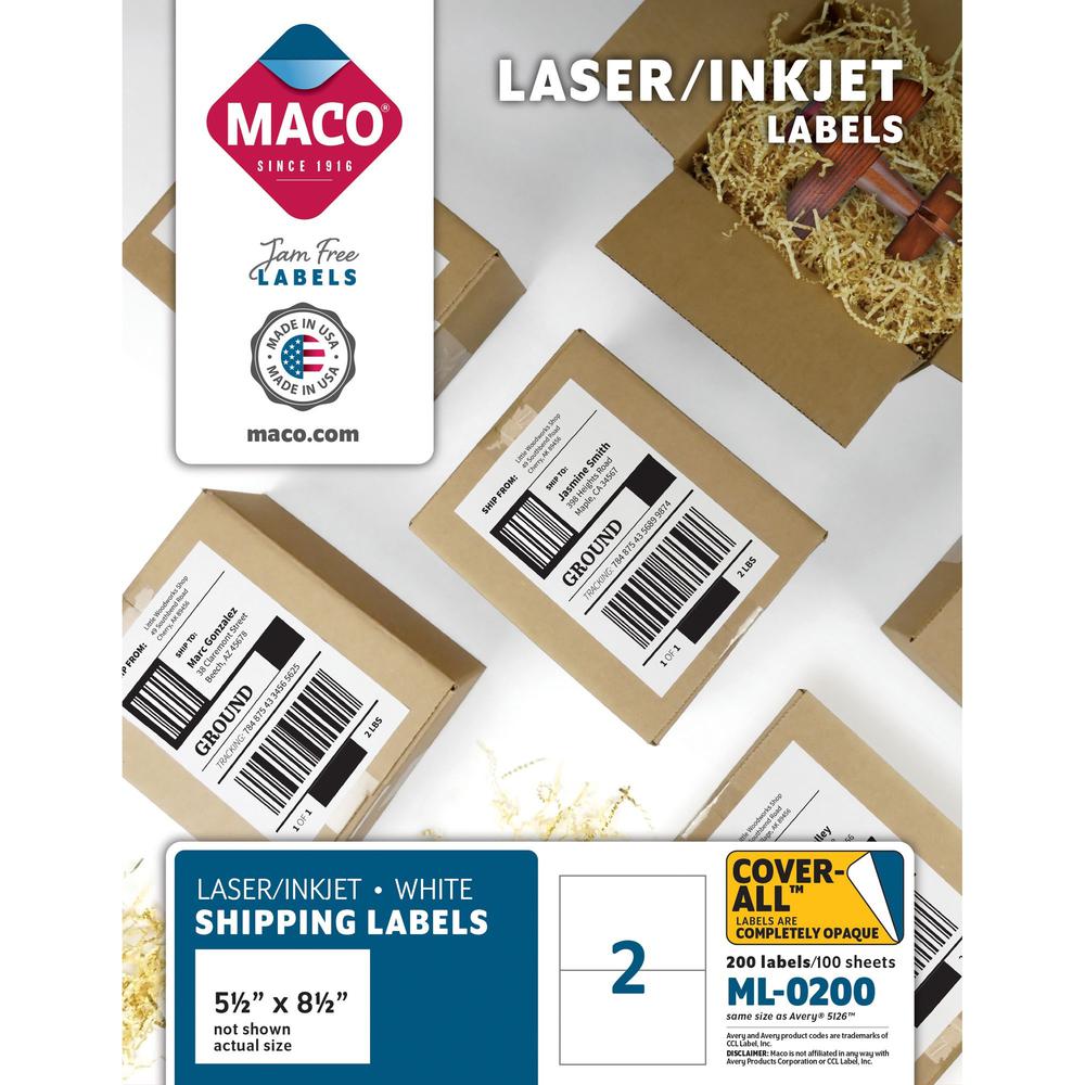 MACO White Laser/Ink Jet Internet Shipping Label - 5 1/2" Width x 8 1/2" Length - Permanent Adhesive - Rectangle - Inkjet, Laser - White - 2 / Sheet - 200 / Box - Lignin-free. Picture 1
