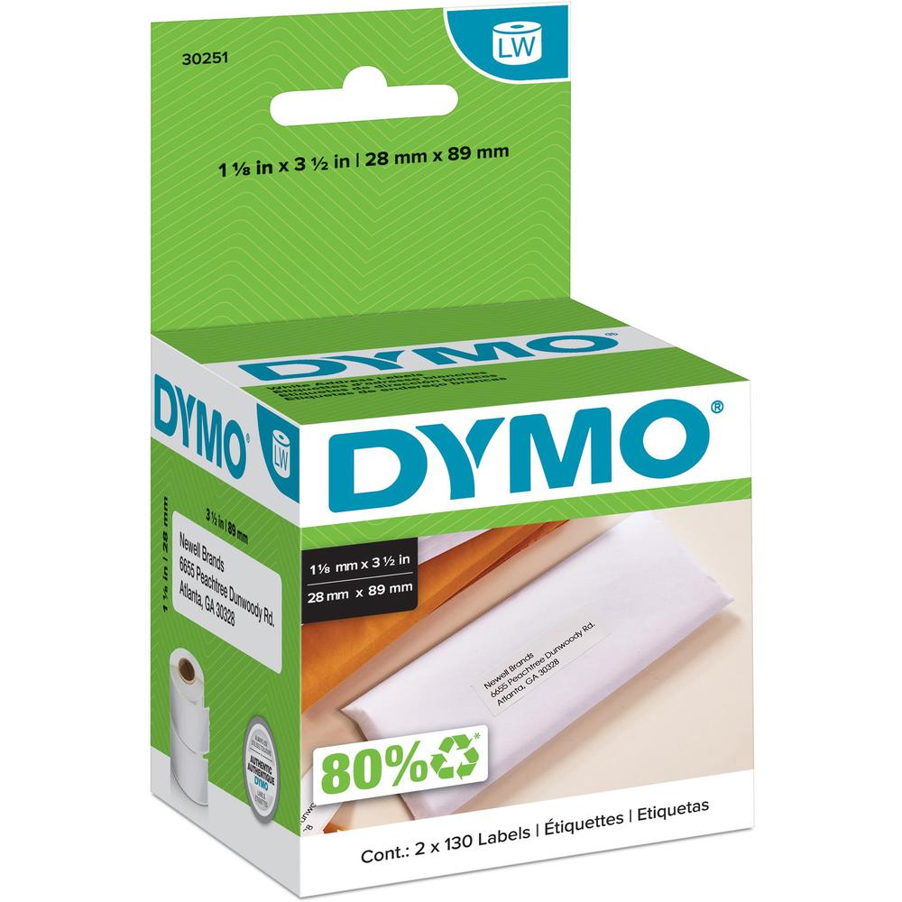 Dymo White Address Labels - 3 1/2" Width x 1 1/8" Length - Permanent Adhesive - Rectangle - Direct Thermal - White - Paper - 130 / Roll - 2 Roll - Self-adhesive. Picture 1