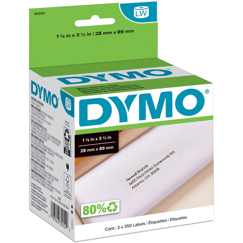 Dymo LabelWriter Address Labels - 1 1/8" x 3 1/2" Length - White - Paper - 350 / Roll - 1 / Box. Picture 1