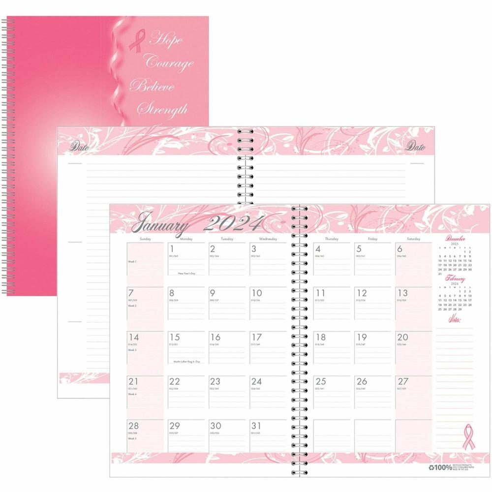 House of Doolittle BCA Pink Cover Monthly Wirebound Journal - Julian Dates - Monthly - 12 Month - January 2024 - December 2024 - 1 Month Single Page Layout - 7" x 10" Sheet Size - 1.38" x 1.75" Block . Picture 1