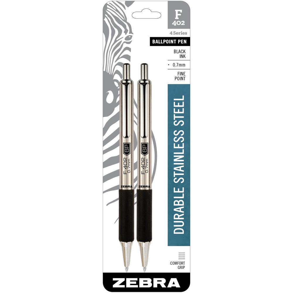 Zebra STEEL 4 Series F-402 Retractable Ballpoint Pen - Fine Pen Point - 0.7 mm Pen Point Size - Refillable - Retractable - Black - Stainless Steel Barrel - 2 / Pack. Picture 1