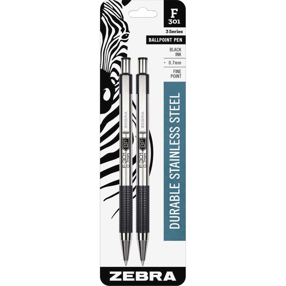 Zebra Pen BCA F-301 Stainless Steel Ballpoint Pens - Fine Pen Point - 0.7 mm Pen Point Size - Refillable - Retractable - Black - Stainless Steel Barrel - 2 / Pack. Picture 1