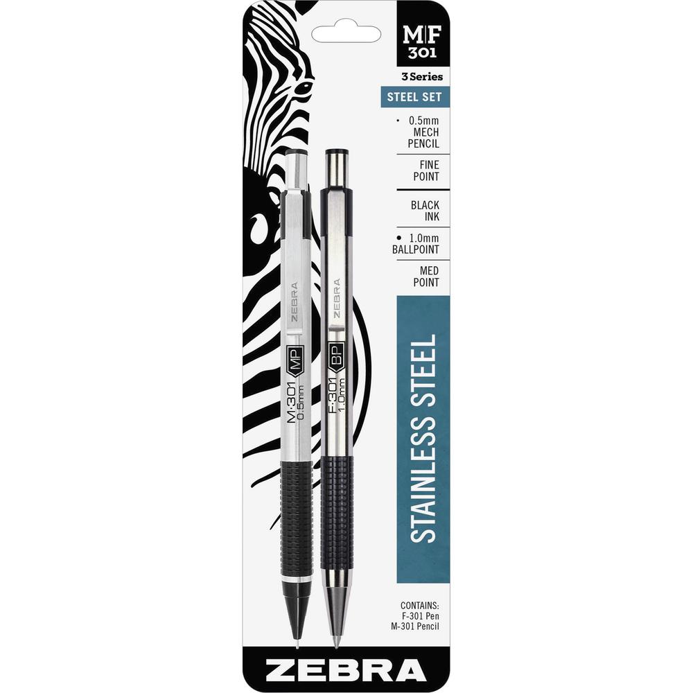 Zebra STEEL 3 Series M/F 301 Mechanical Pencil & Ballpoint Pen Set - Fine Pen Point - 0.7 mm Pen Point Size - 0.5 mm Lead Size - Refillable - Black Ink - Stainless Steel Barrel - Retractable - Non-sli. Picture 1
