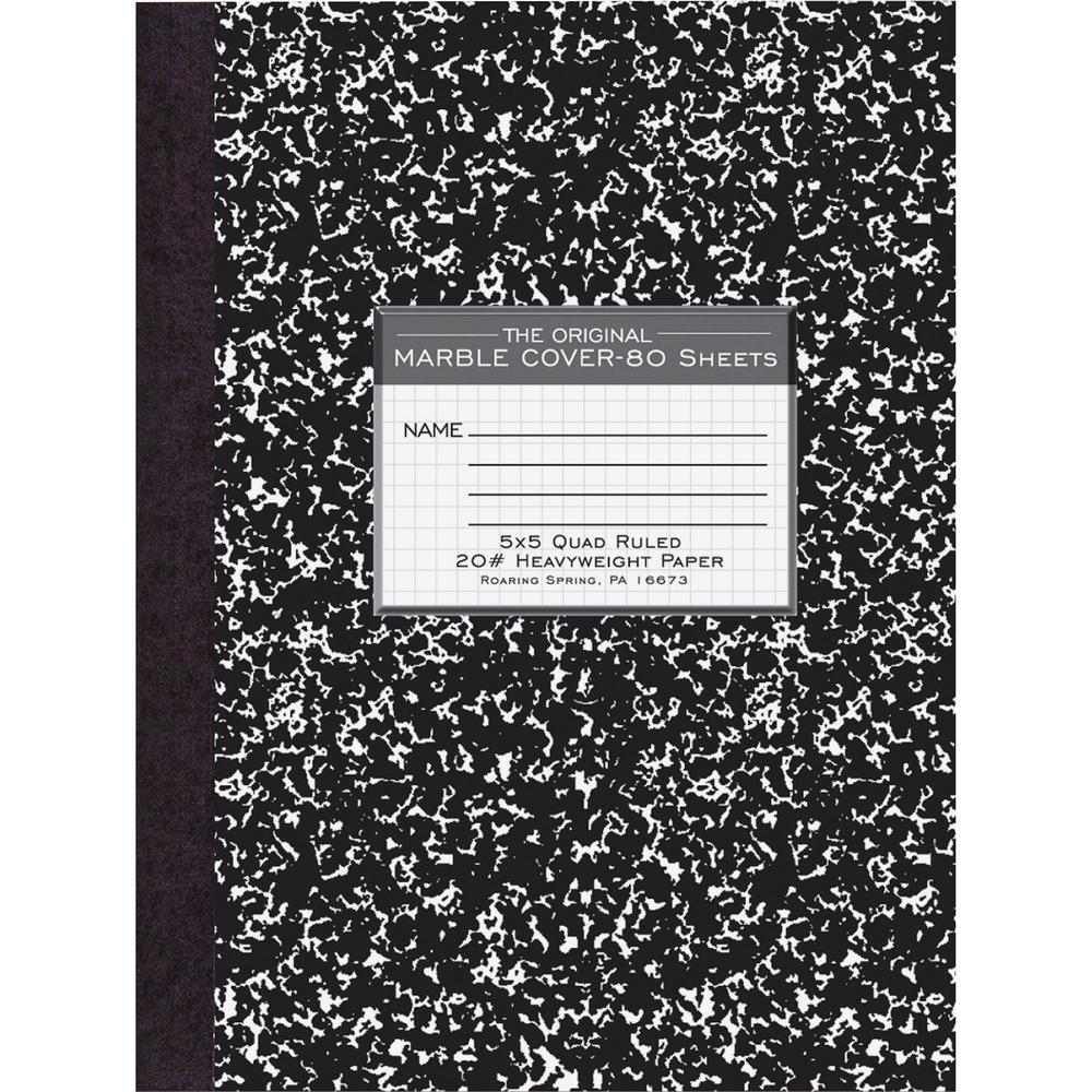 Roaring Spring Black Marble Composition Book - 80 Sheets - 160 Pages - Printed - Sewn/Tapebound - Both Side Ruling Surface - 20 lb Basis Weight - 10 1/4" x 7 7/8" - 0.50" x 7.9" x 10.3" - White Paper . Picture 1