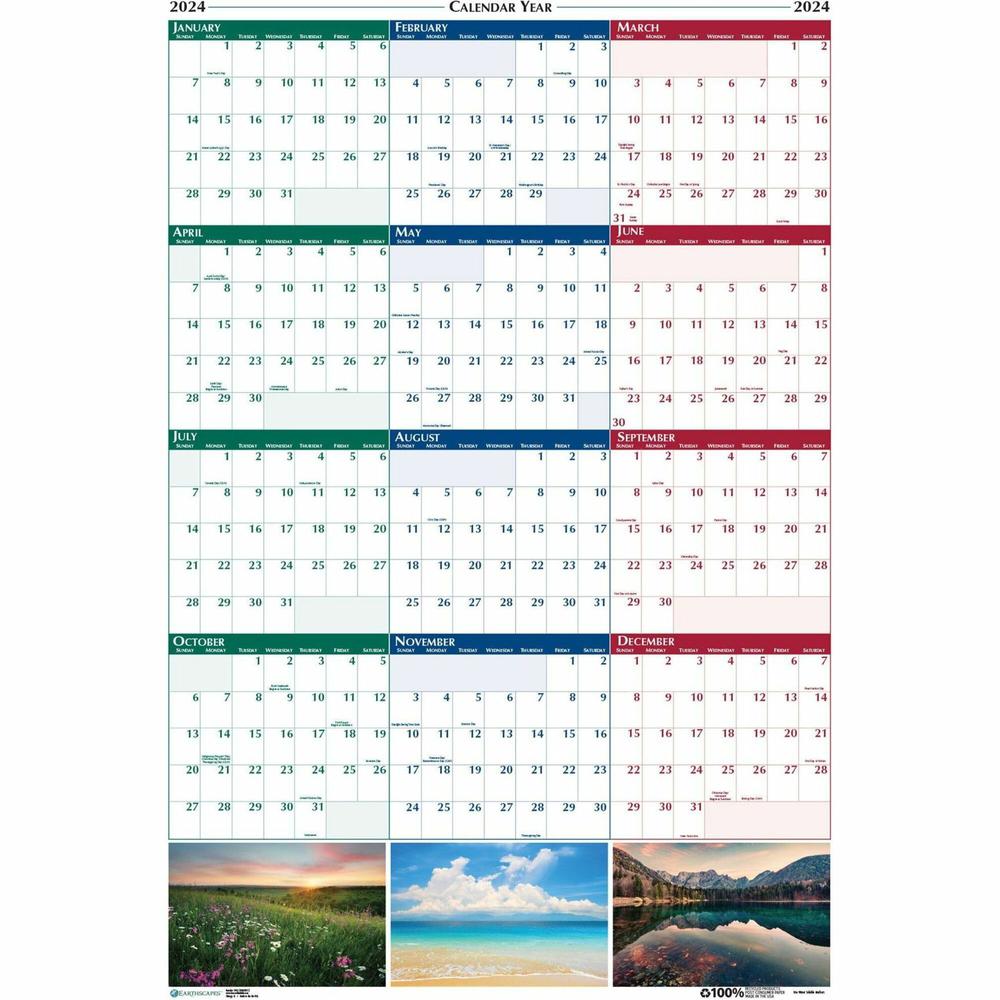 House of Doolittle Earthscapes Scenic Wipe-off Wall Planner - Julian Dates - Yearly - 1 Year - January 2024 - December 2024 - 32" x 48" Sheet Size - 1.13" x 1.38" Block - Multi - Paper - Laminated, Er. Picture 1