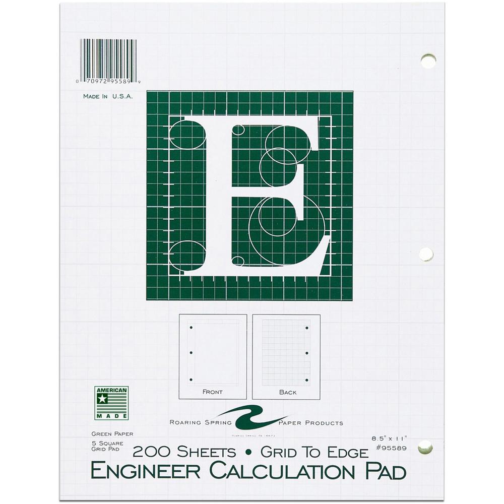 Roaring Spring 5x5 Grid Engineering Pad - 200 Sheets - 400 Pages - Printed - Glued - Back Ruling Surface - 3 Hole(s) - 15 lb Basis Weight - 56 g/m&#178; Grammage - 11" x 8 1/2" - 0.66" x 8.5" x 11" - . Picture 1