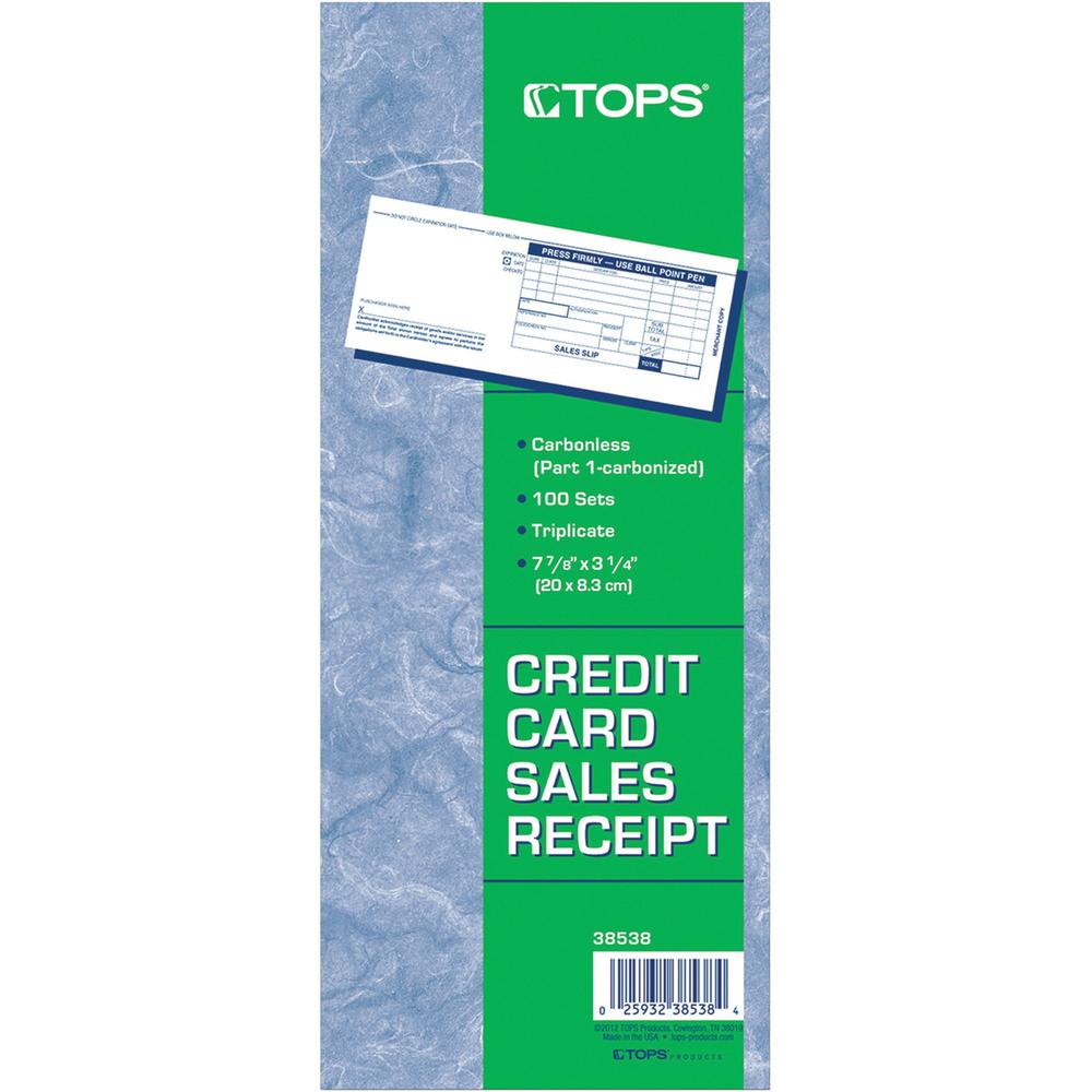 TOPS Credit Card Sales Slip Forms - 15 lb - 3 PartCarbonless Copy - 3.25" x 7.88" Sheet Size - White Sheet(s) - Blue Print Color - Paper - 100 / Pack. Picture 1