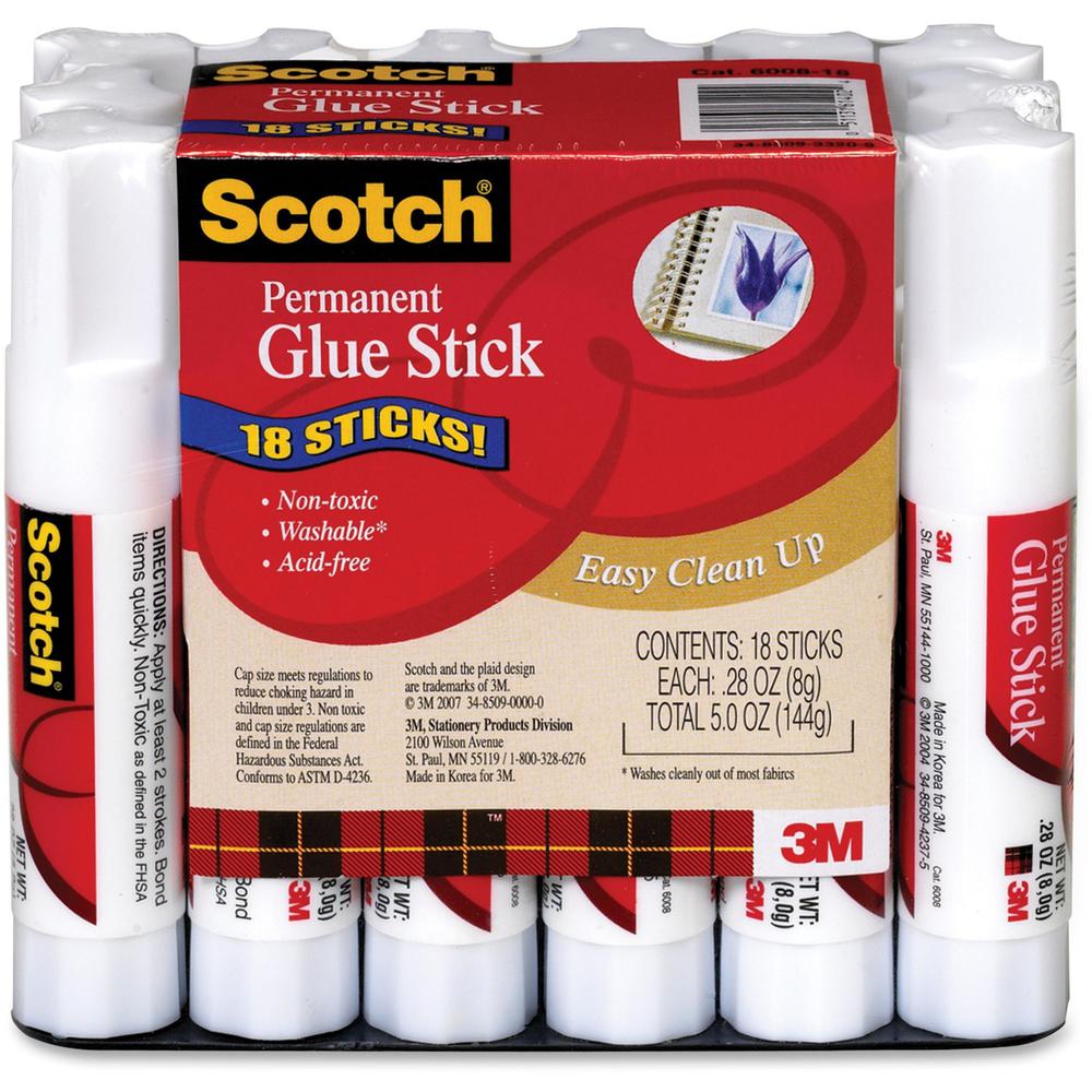 Scotch Permanent Glue Sticks - 0.28 oz - 18 / Pack - White. Picture 1