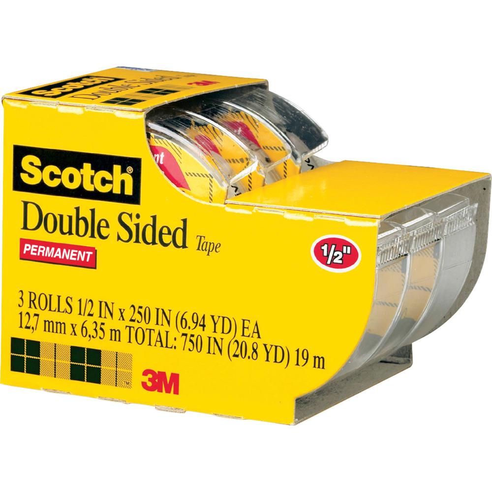 Scotch Double-Sided Tape - 20.83 ft Length x 0.50" Width - 1" Core - Dispenser Included - Handheld Dispenser - Long Lasting - For Attaching, Mounting - 3 / Pack - Clear. Picture 1