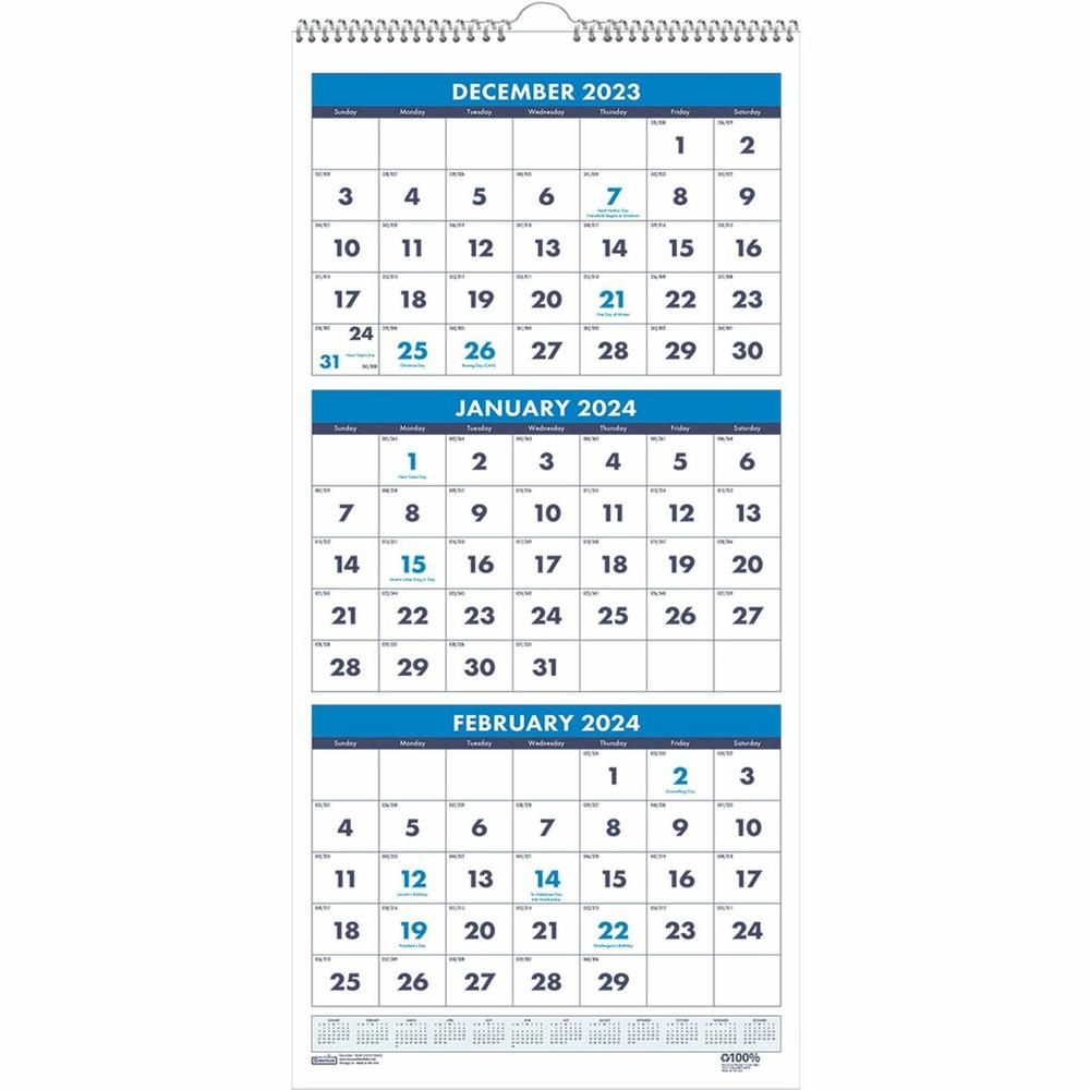 House of Doolittle Three-month Vertical Wall Calendar - Monthly - 14 Month - December 2021 till January 2023 - 3 Month Single Page Layout - 12 1/4" x 27" Sheet Size - Wire Bound - Blue - Paper - 26" H. Picture 1