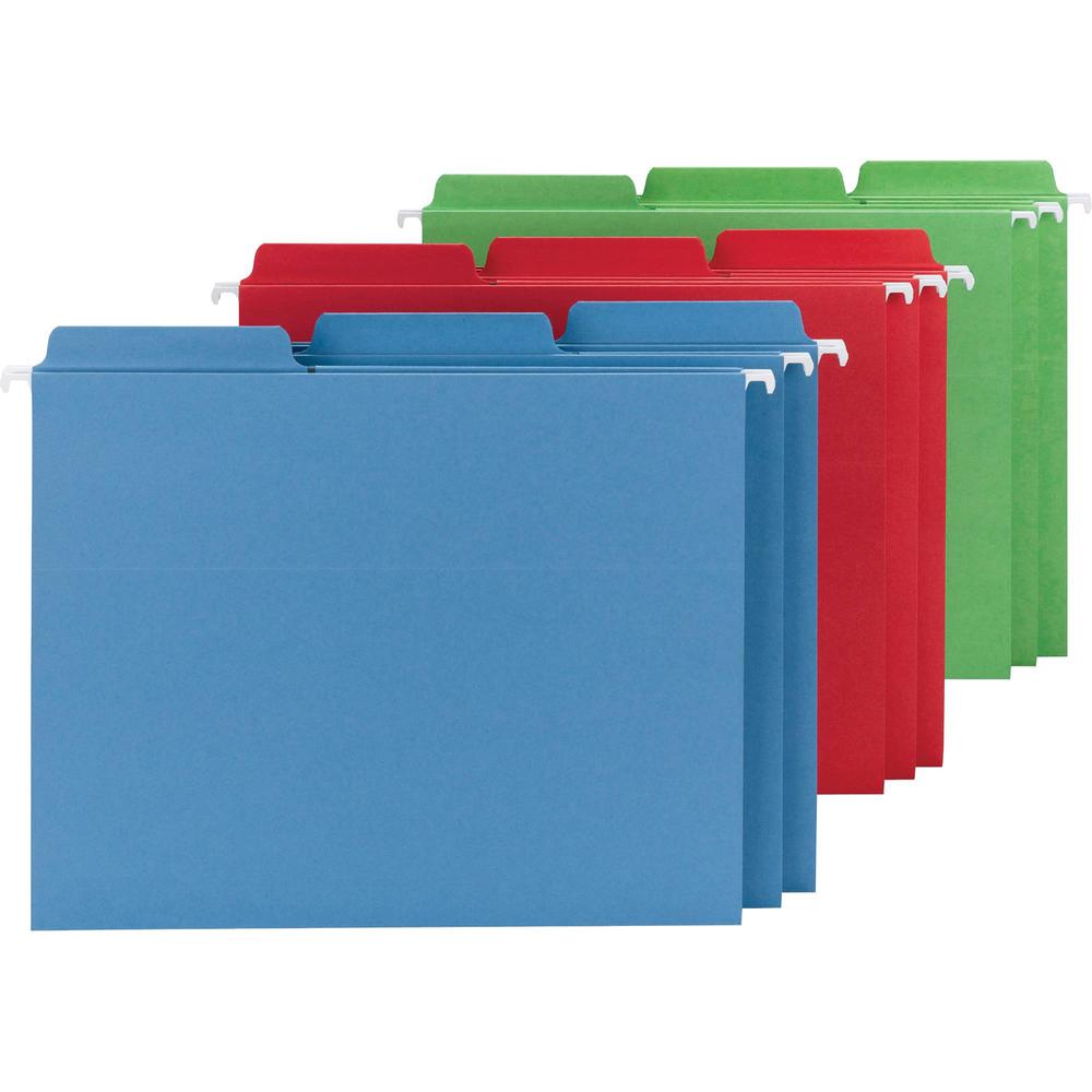 Smead FasTab 1/3 Tab Cut Letter Recycled Hanging Folder - 8 1/2" x 11" - Top Tab Location - Assorted Position Tab Position - Blue, Green, Red - 10% Recycled - 18 / Box. The main picture.