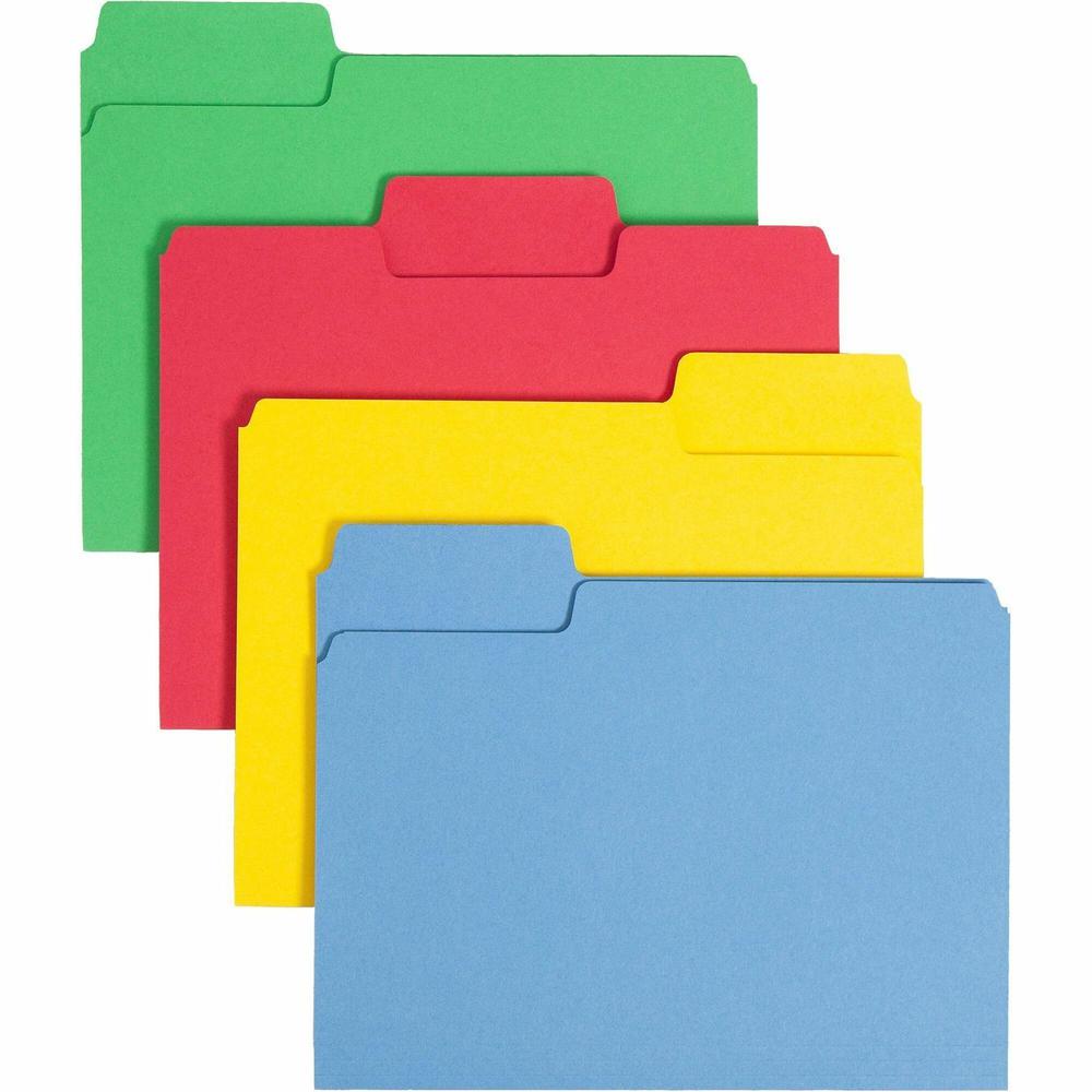Smead SuperTab 1/3 Tab Cut Letter Recycled Top Tab File Folder - 8 1/2" x 11" - 3/4" Expansion - Top Tab Location - Assorted Position Tab Position - Blue, Green, Yellow, Red - 10% Recycled - 100 / Box. Picture 1