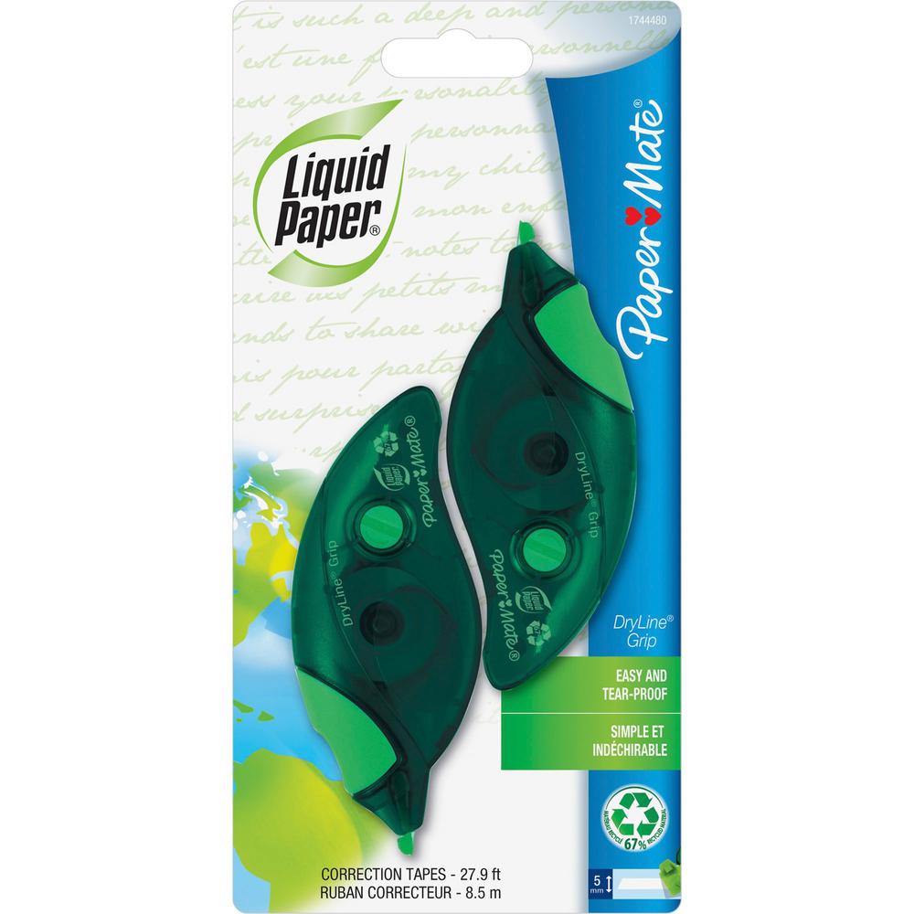 Paper Mate Recycled Correction Tape - 0.20" Width x 27.90 ft Length - 1 Line(s) - White Tape - Ergonomic - Non-refillable, Tear Resistant, Break Resistant - 2 / Pack - Green. Picture 1