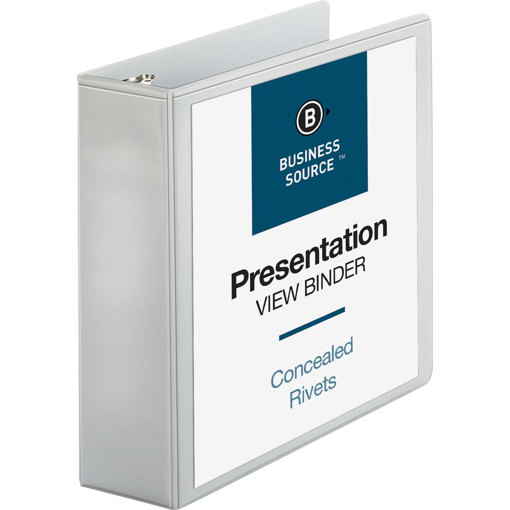 Business Source Round Ring Standard View Binders - 3" Binder Capacity - Letter - 8 1/2" x 11" Sheet Size - 625 Sheet Capacity - 3 x Ring Fastener(s) - 2 Internal Pocket(s) - White - 1.50 lb - Conceale. Picture 1